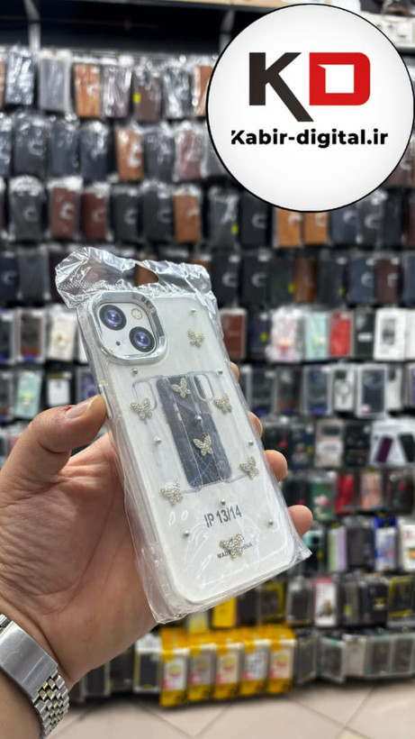قاب گوشی iPhone 13/14/15 آیفون لاکچری شفاف رزینی طرح شاین لنز کرومی طرح پروانه نگین دار