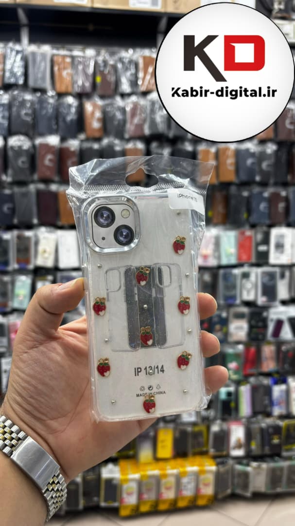 قاب گوشی iPhone 13/14/15 آیفون لاکچری شفاف رزینی طرح شاین لنز کرومی طرح توت فرنگی