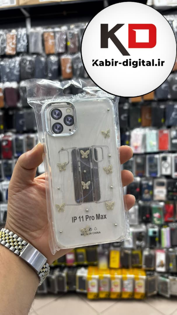قاب گوشی iPhone 11 Pro Max آیفون لاکچری شفاف رزینی طرح شاین لنز کرومی طرح پروانه نگین دار