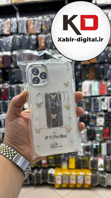 قاب گوشی iPhone 11 Pro Max آیفون لاکچری شفاف رزینی طرح شاین لنز کرومی طرح پروانه نگین دار