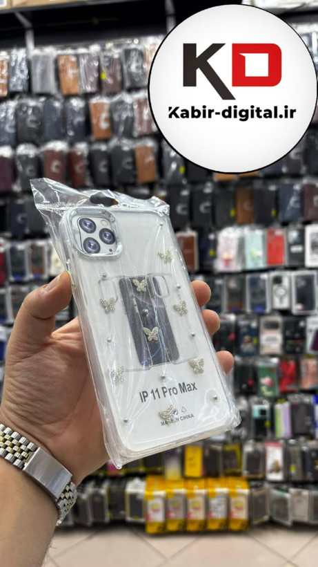قاب گوشی iPhone 11 Pro Max آیفون لاکچری شفاف رزینی طرح شاین لنز کرومی طرح پروانه نگین دار