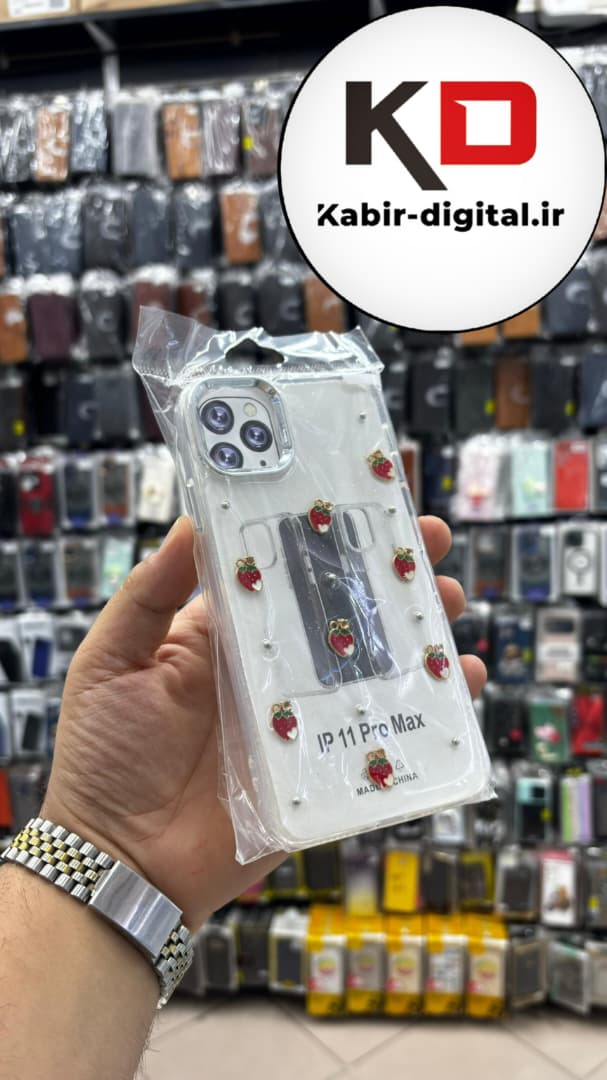 قاب گوشی iPhone 11 Pro Max آیفون لاکچری شفاف رزینی طرح شاین لنز کرومی طرح توت فرنگی