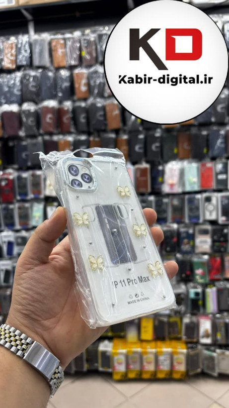 قاب گوشی iPhone 11 Pro Max آیفون لاکچری شفاف رزینی طرح شاین لنز کرومی طرح پروانه طلایی