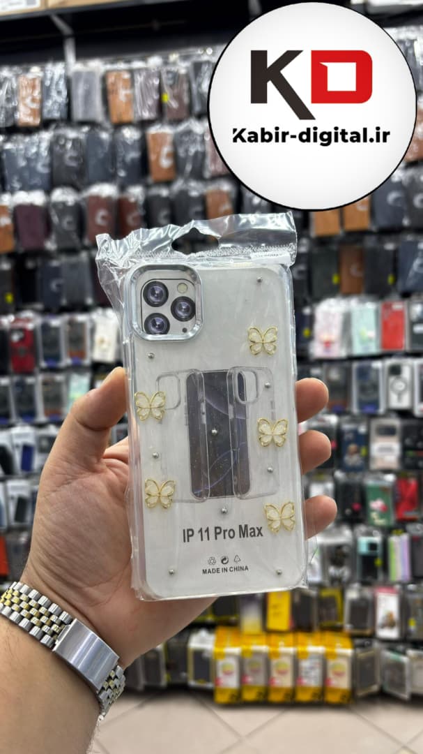 قاب گوشی iPhone 11 Pro Max آیفون لاکچری شفاف رزینی طرح شاین لنز کرومی طرح پروانه طلایی