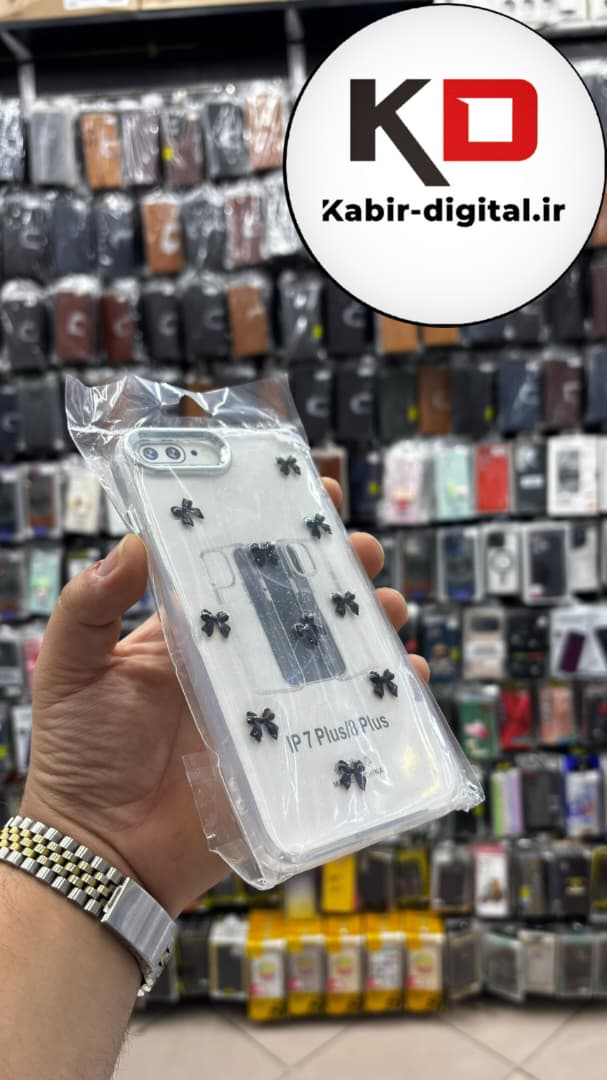 قاب گوشی iPhone 7 Plus / 8 plus آیفون لاکچری شفاف رزینی طرح شاین لنز کرومی طرح پاپیون مشکی