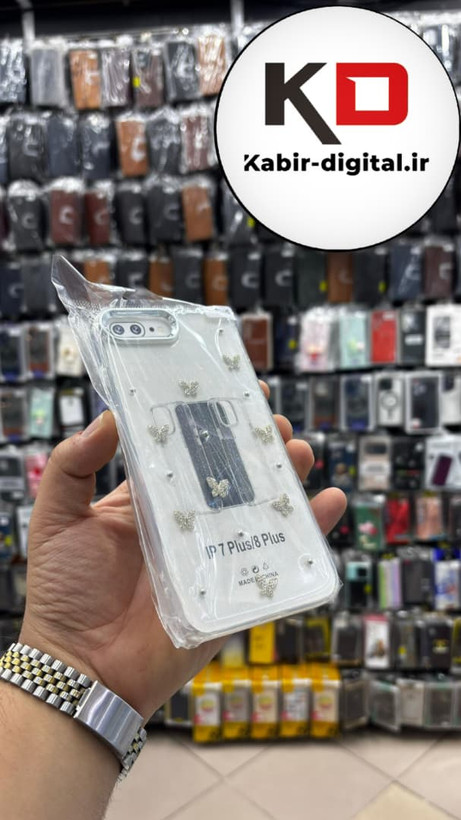 قاب گوشی iPhone 7 Plus / 8 plus آیفون لاکچری شفاف رزینی طرح شاین لنز کرومی طرح پروانه نگین دار