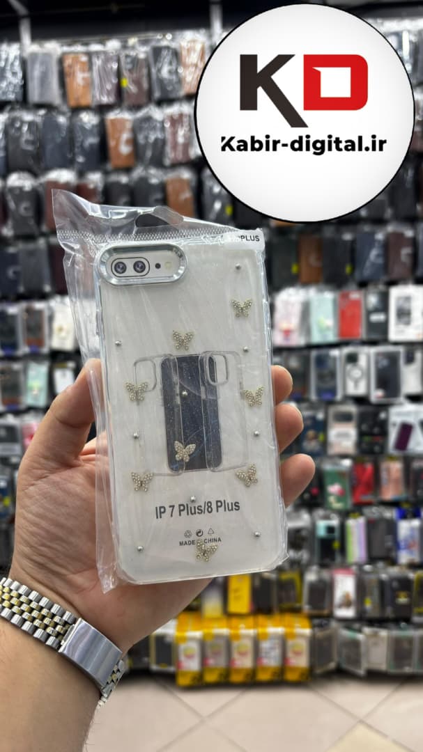 قاب گوشی iPhone 7 Plus / 8 plus آیفون لاکچری شفاف رزینی طرح شاین لنز کرومی طرح پروانه نگین دار
