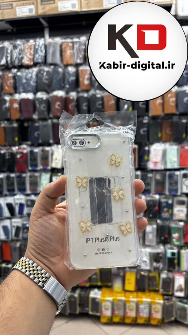 قاب گوشی iPhone 7 Plus / 8 plus آیفون لاکچری شفاف رزینی طرح شاین لنز کرومی طرح پروانه طلایی