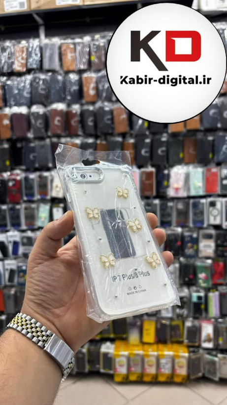 قاب گوشی iPhone 7 Plus / 8 plus آیفون لاکچری شفاف رزینی طرح شاین لنز کرومی طرح پروانه طلایی