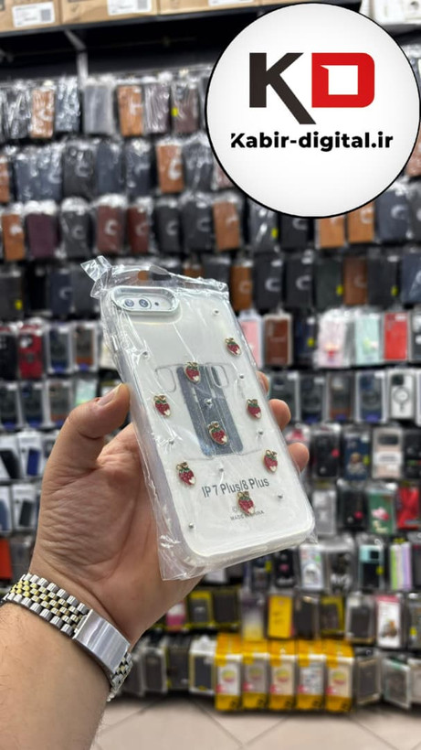 قاب گوشی iPhone 7 Plus / 8 plus آیفون لاکچری شفاف رزینی طرح شاین لنز کرومی طرح توت فرنگی