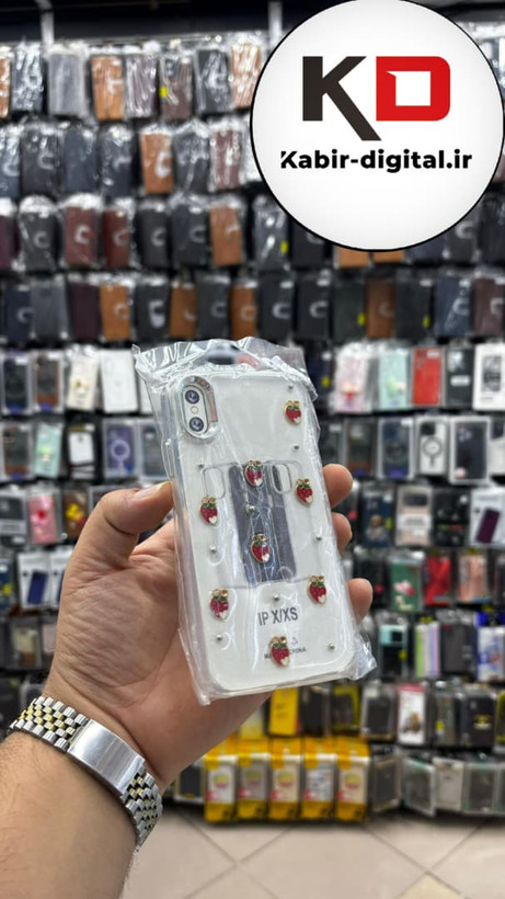 قاب گوشی iPhone Xs / X آیفون لاکچری شفاف رزینی طرح شاین لنز کرومی طرح توت فرنگی