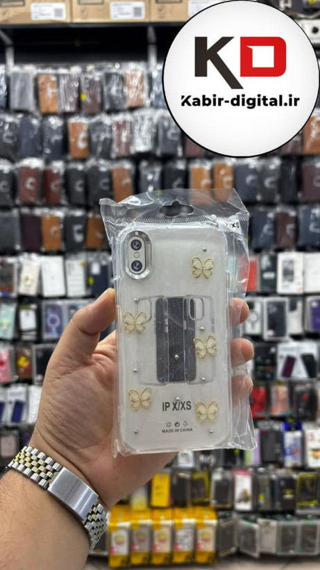 قاب گوشی iPhone Xs / X آیفون لاکچری شفاف رزینی طرح شاین لنز کرومی طرح پروانه طلایی