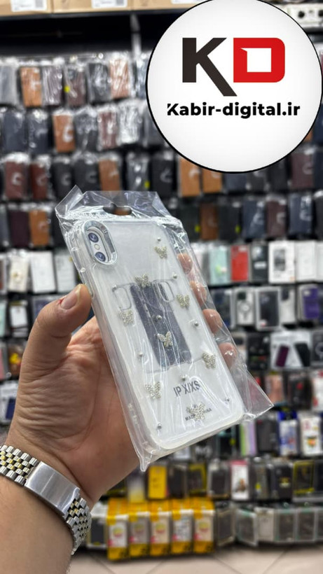 قاب گوشی iPhone Xs / X آیفون لاکچری شفاف رزینی طرح شاین لنز کرومی طرح پروانه نگین دار