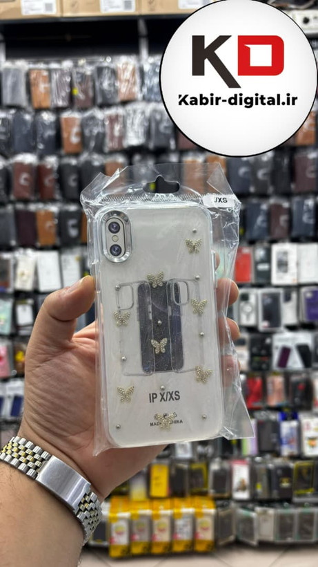 قاب گوشی iPhone Xs / X آیفون لاکچری شفاف رزینی طرح شاین لنز کرومی طرح پروانه نگین دار