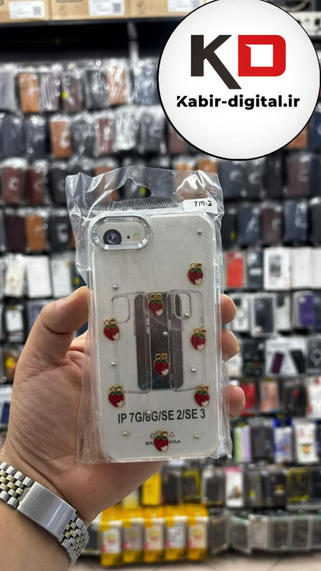 قاب گوشی iPhone 7 / 8 / SE آیفون لاکچری شفاف رزینی طرح شاین لنز کرومی طرح توت فرنگی