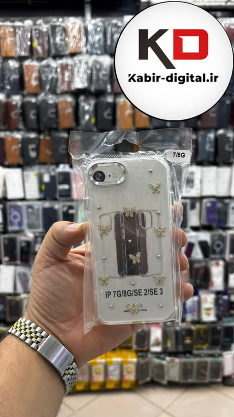 قاب گوشی iPhone 7 / 8 / SE آیفون لاکچری شفاف رزینی طرح شاین لنز کرومی طرح پروانه نگین دار