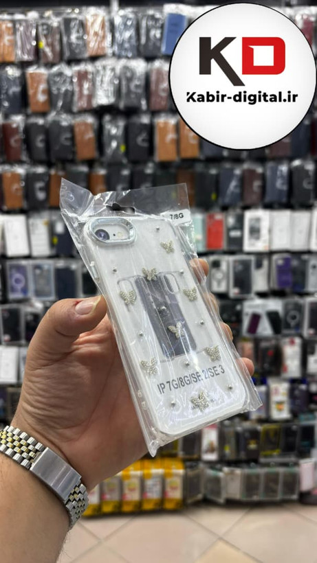 قاب گوشی iPhone 7 / 8 / SE آیفون لاکچری شفاف رزینی طرح شاین لنز کرومی طرح پروانه نگین دار