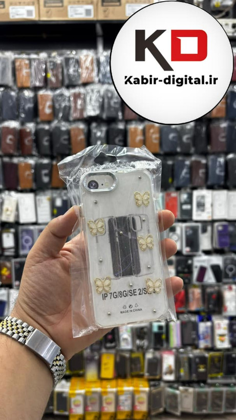 قاب گوشی iPhone 7 / 8 / SE آیفون لاکچری شفاف رزینی طرح شاین لنز کرومی طرح پروانه طلایی