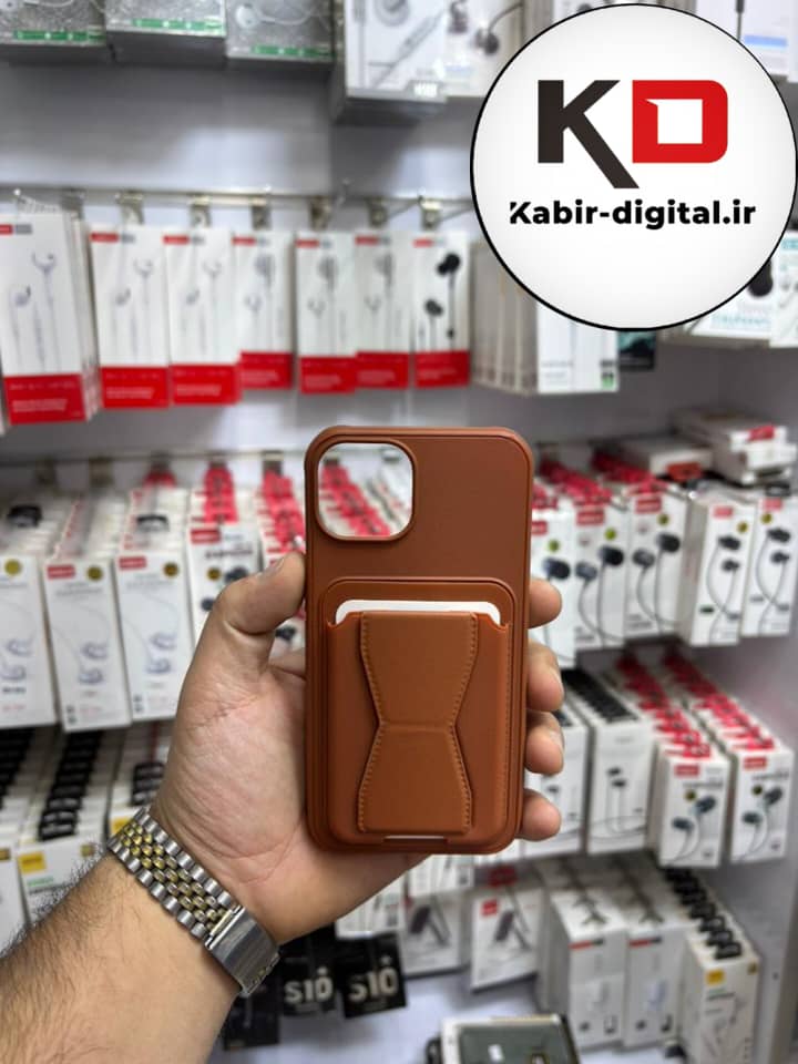 قاب گوشی چرمی جاکارتی استندشو  اورجینال iPhone 13/14/15آیفون قهوه ایی