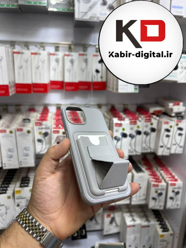 قاب گوشی چرمی جاکارتی استندشو اورجینال iPhone 13/14/15آیفون طوسی