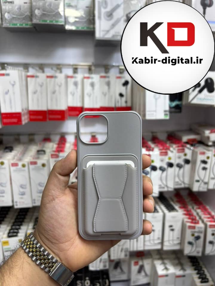 قاب گوشی چرمی جاکارتی استندشو  اورجینال iPhone 13/14/15آیفون  طوسی