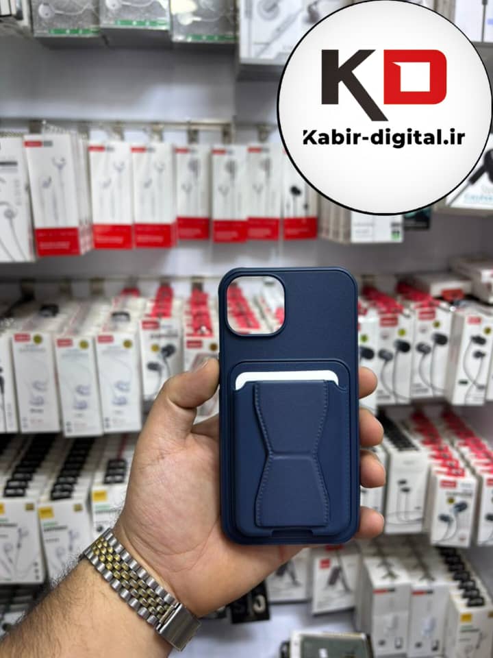 قاب گوشی چرمی جاکارتی استندشو  اورجینال iPhone 13/14/15آیفون سرمه ای