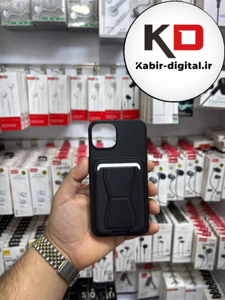 قاب گوشی چرمی جاکارتی استندشو  اورجینال iPhone 13/14/15آیفون مشکی