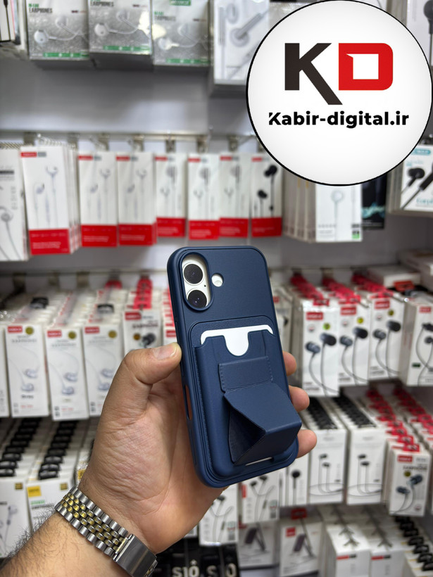 قاب گوشی چرمی جاکارتی استندشو اورجینال iPhone 16آیفون سرمه ایی