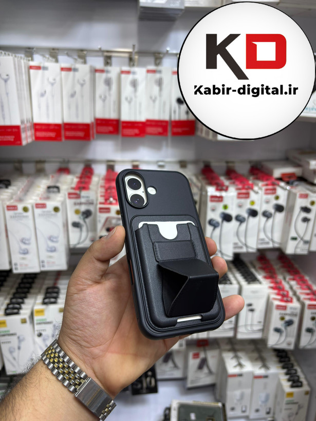 قاب گوشی چرمی جاکارتی استندشو اورجینال iPhone 16آیفون مشکی