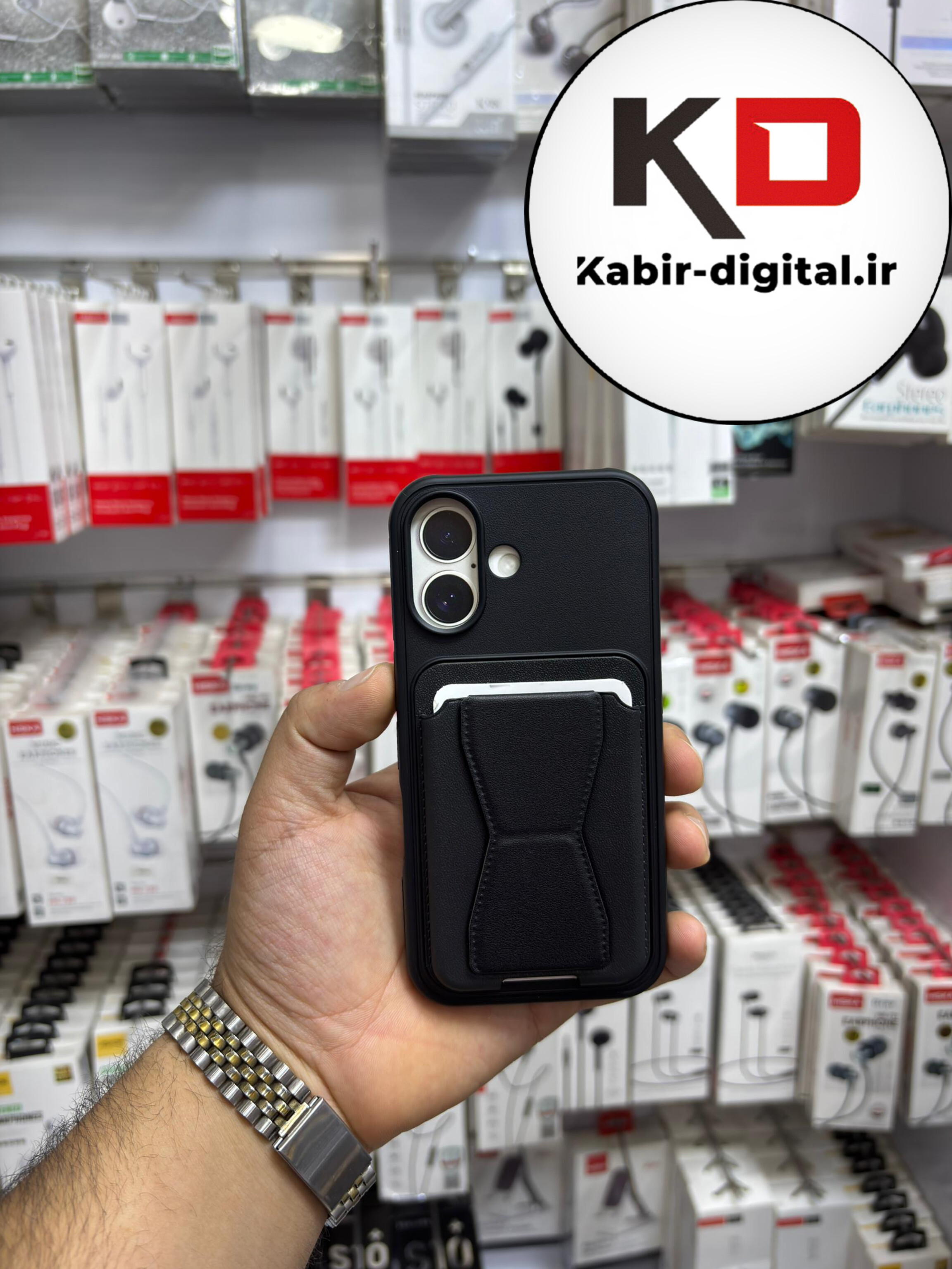 قاب گوشی چرمی جاکارتی استندشو  اورجینال iPhone 16آیفون مشکی