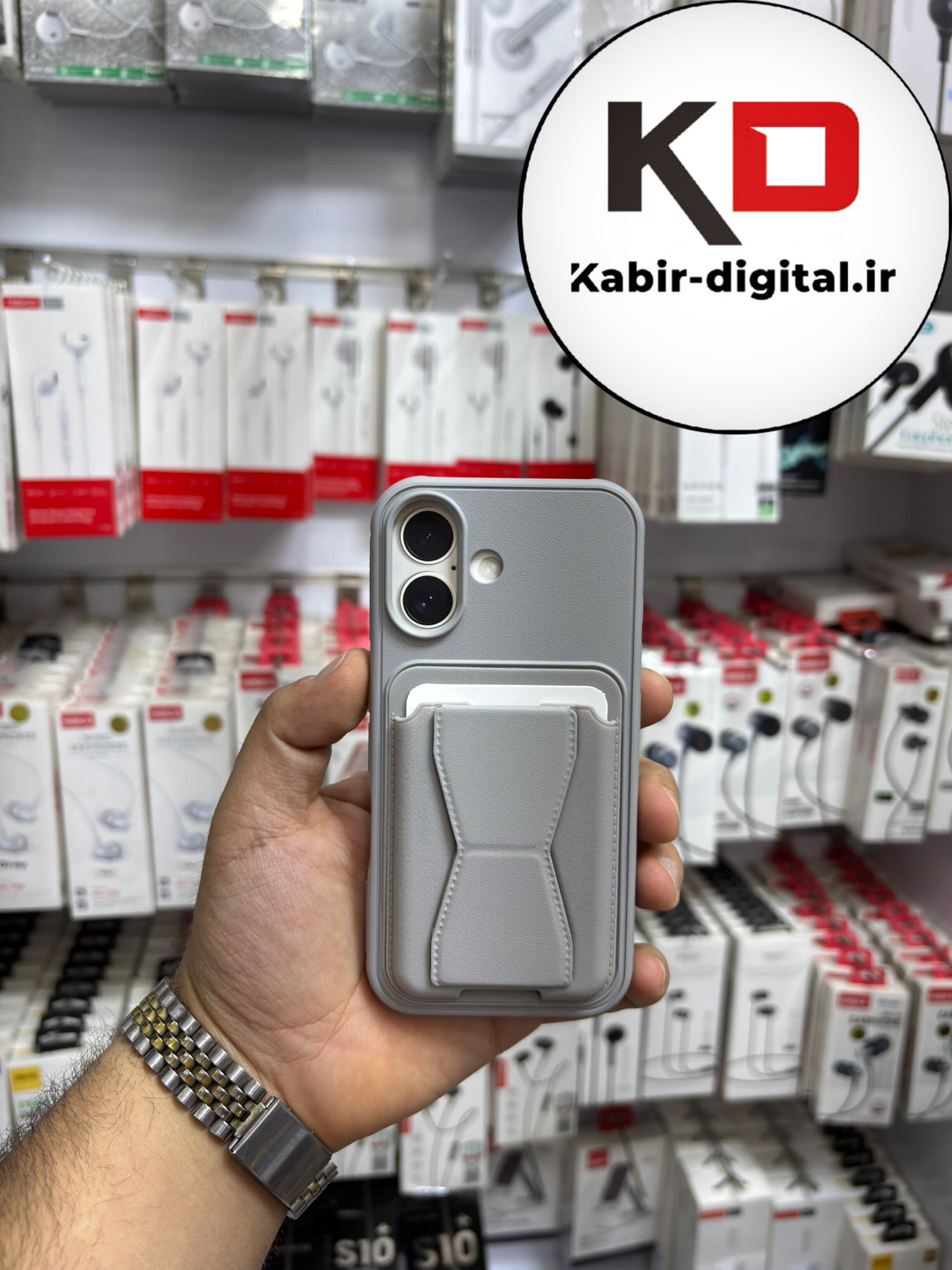 قاب گوشی چرمی جاکارتی استندشو  اورجینال iPhone 16آیفون طوسی
