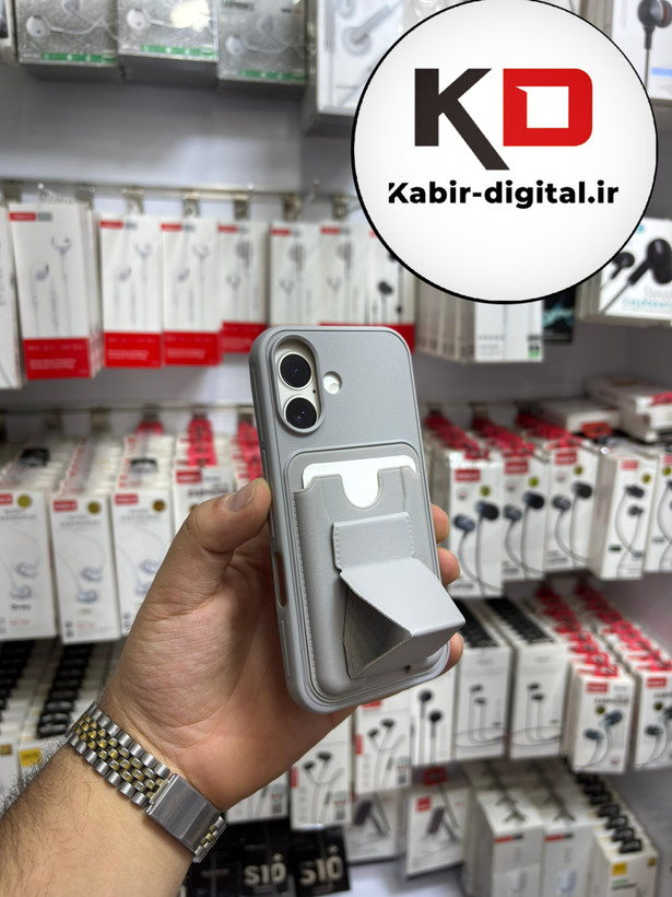 قاب گوشی چرمی جاکارتی استندشو اورجینال iPhone 16آیفون طوسی