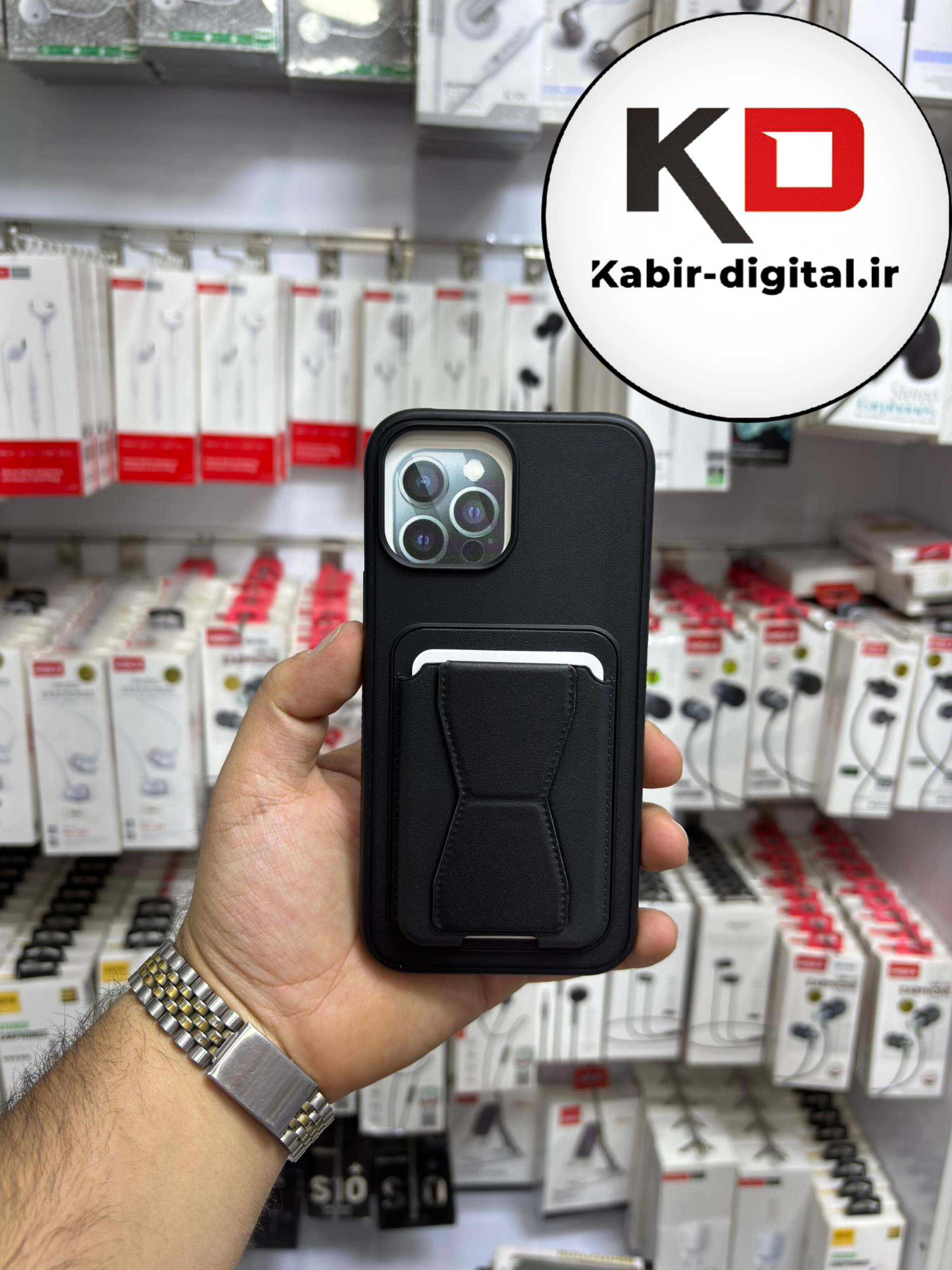 قاب گوشی چرمی جاکارتی استندشو  اورجینال iPhone 16 pro maxآیفون مشکی