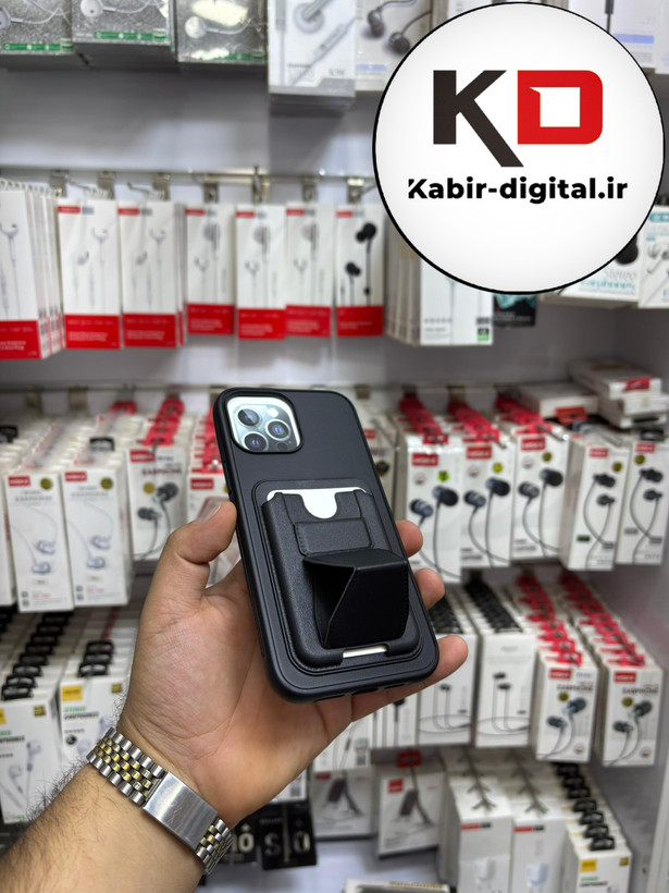 قاب گوشی چرمی جاکارتی استندشو اورجینال iPhone 16 pro maxآیفون مشکی