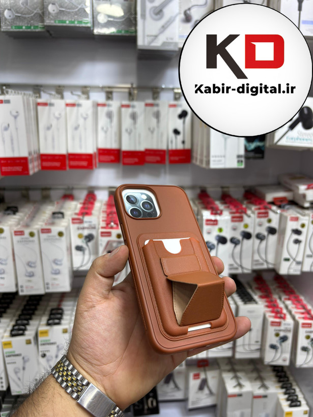 قاب گوشی چرمی جاکارتی استندشو اورجینال iPhone 13 pro maxآیفون قهوه ایی