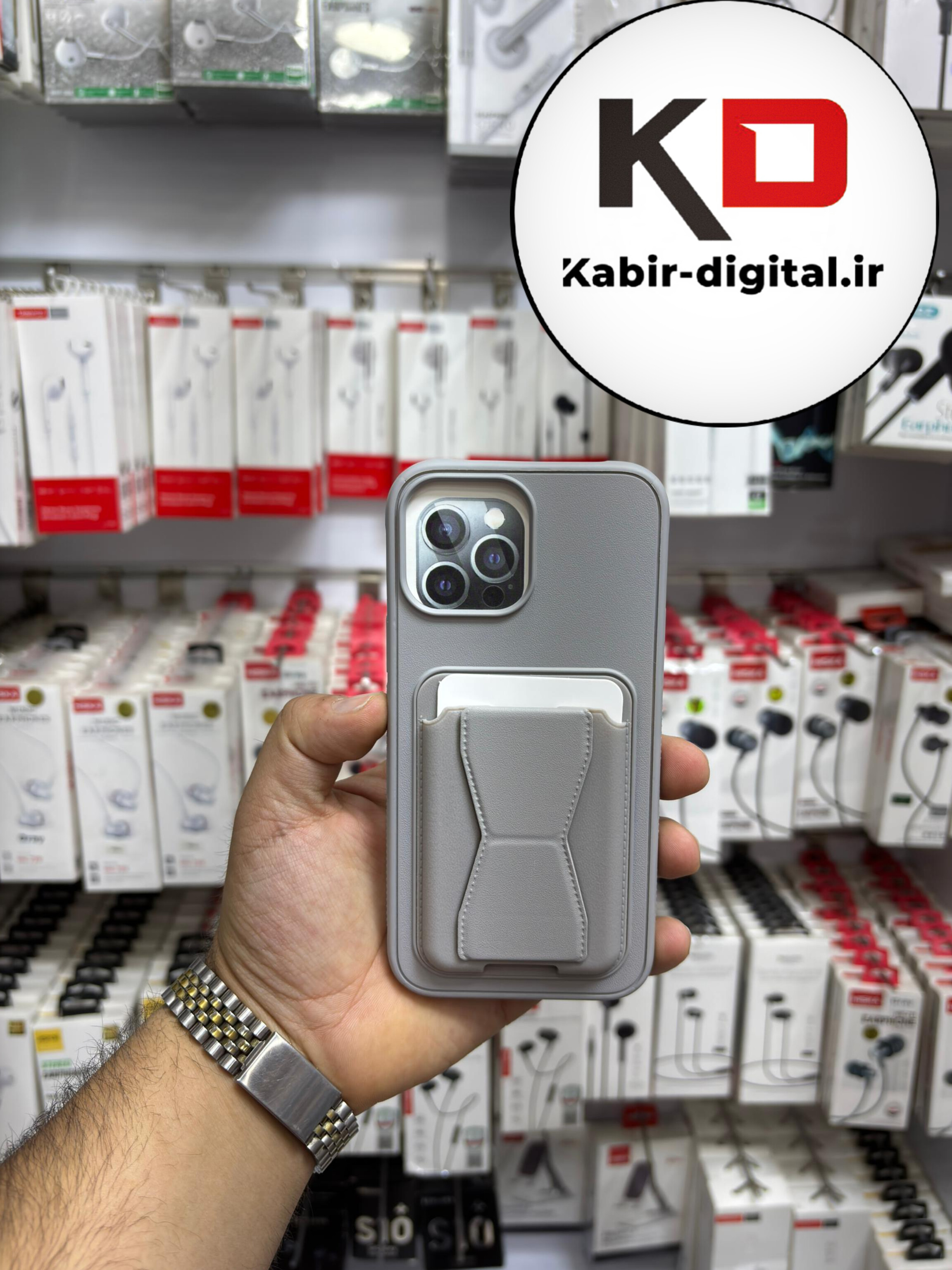 قاب گوشی چرمی جاکارتی استندشو  اورجینال iPhone 13 pro maxآیفون طوسی