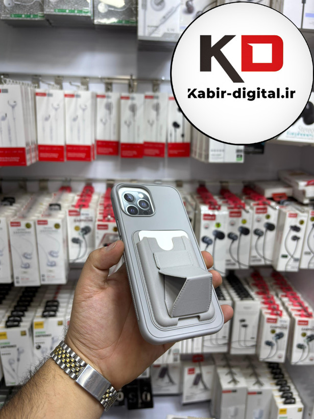 قاب گوشی چرمی جاکارتی استندشو اورجینال iPhone 13 pro maxآیفون طوسی