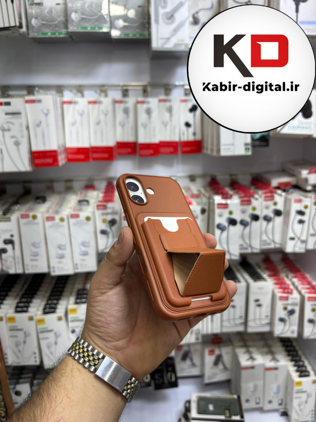 قاب گوشی چرمی جاکارتی استندشو اورجینال iPhone 17آیفون قهوه ایی