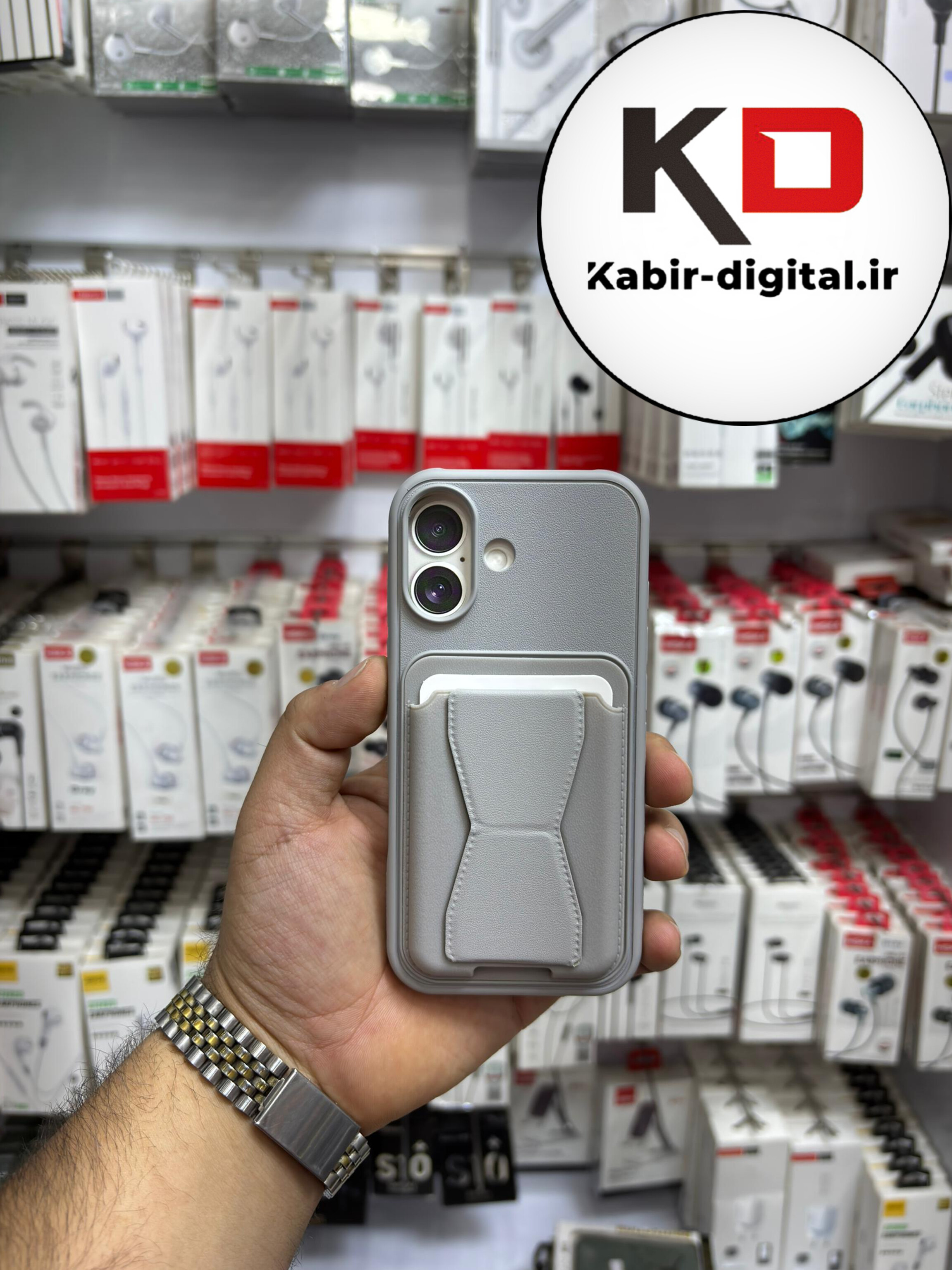 قاب گوشی چرمی جاکارتی استندشو  اورجینال iPhone 17آیفون طوسی