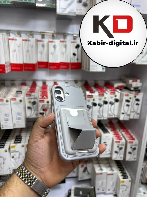 قاب گوشی چرمی جاکارتی استندشو اورجینال iPhone 17آیفون طوسی