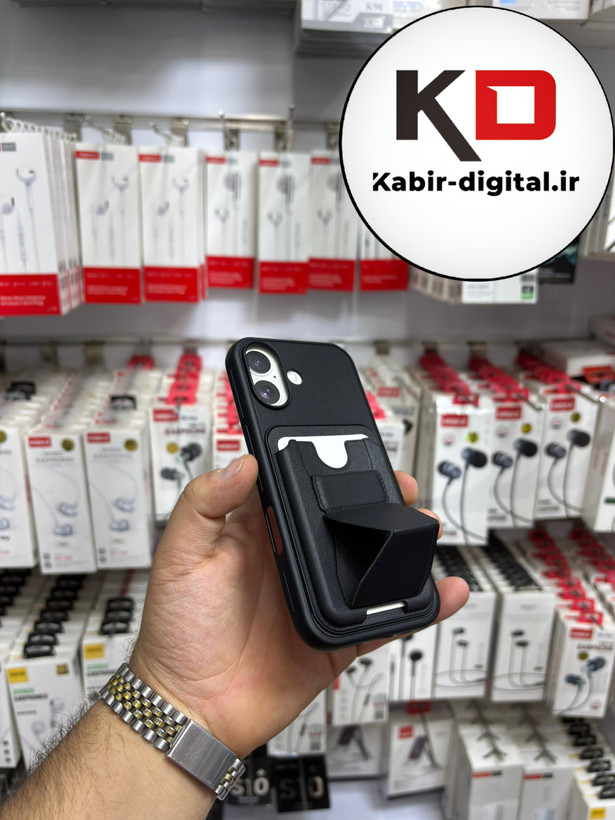 قاب گوشی چرمی جاکارتی استندشو اورجینال iPhone 17 proآیفون مشکی