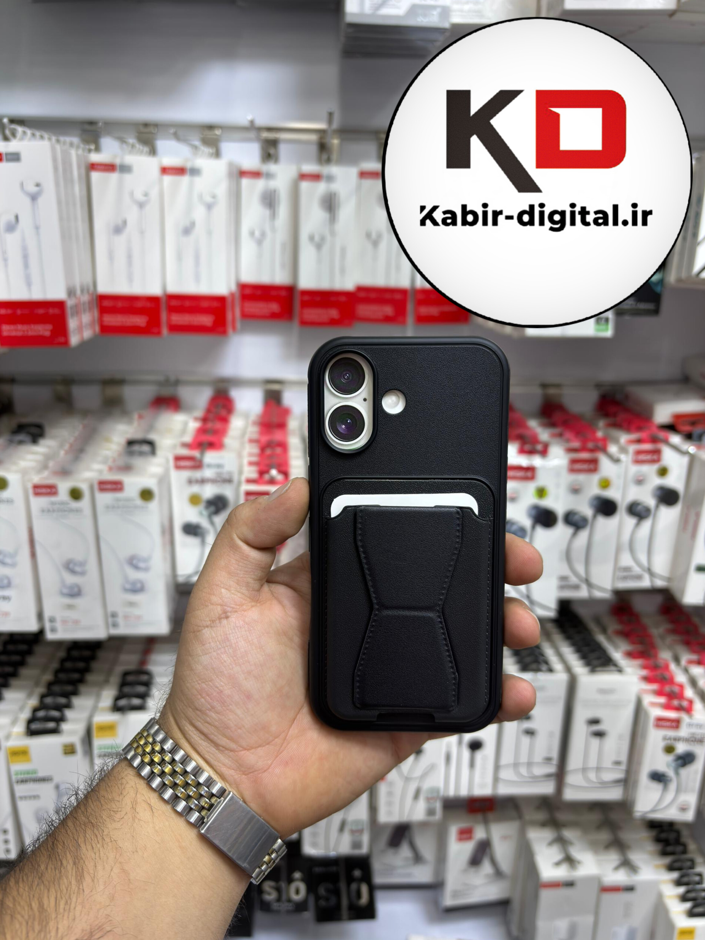 قاب گوشی چرمی جاکارتی استندشو  اورجینال iPhone 17 proآیفون مشکی
