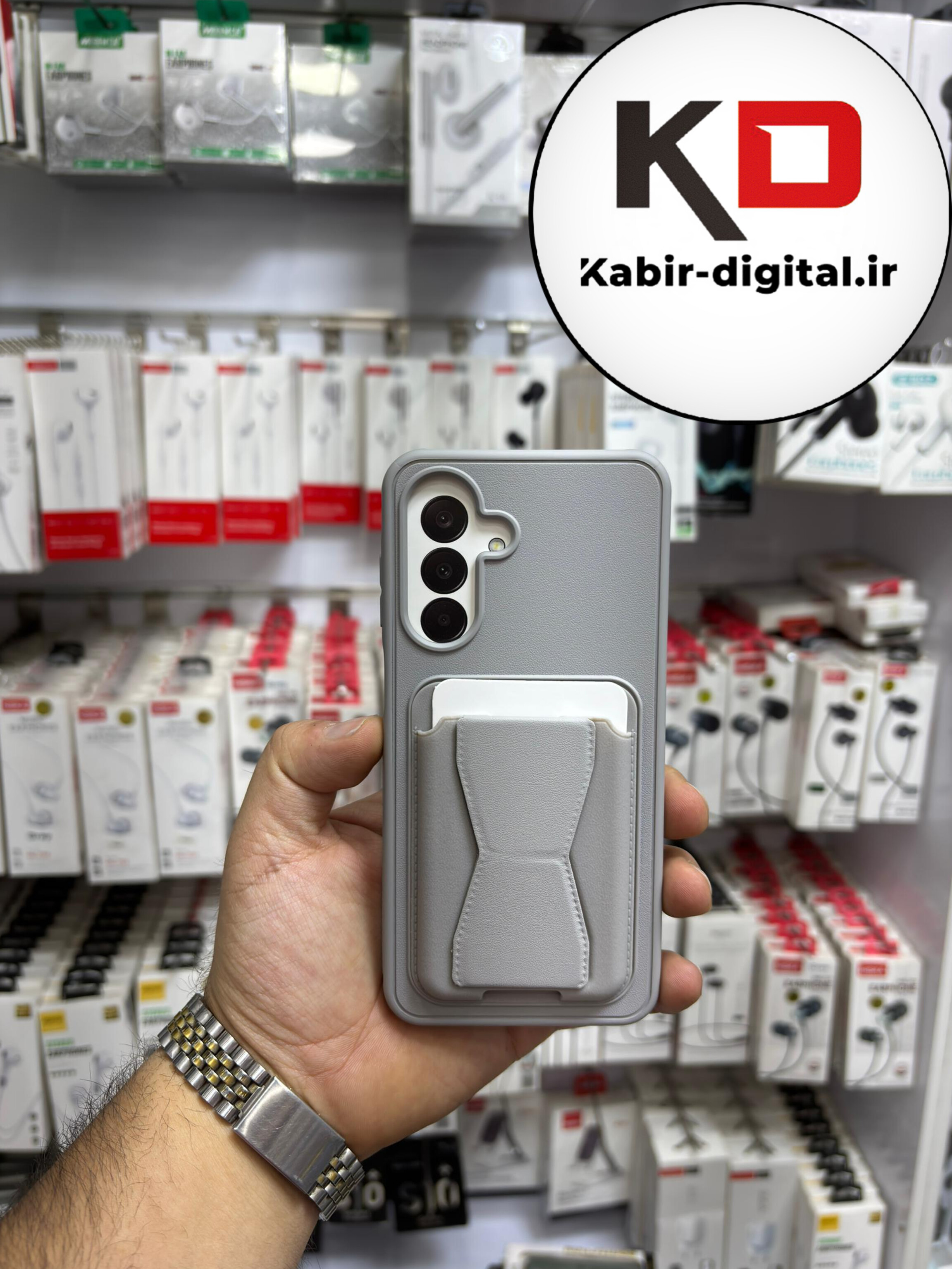 قاب گوشی Galaxy S24 FE سامسونگ چرمی جاکارتی استندشو اورجینال طوسی