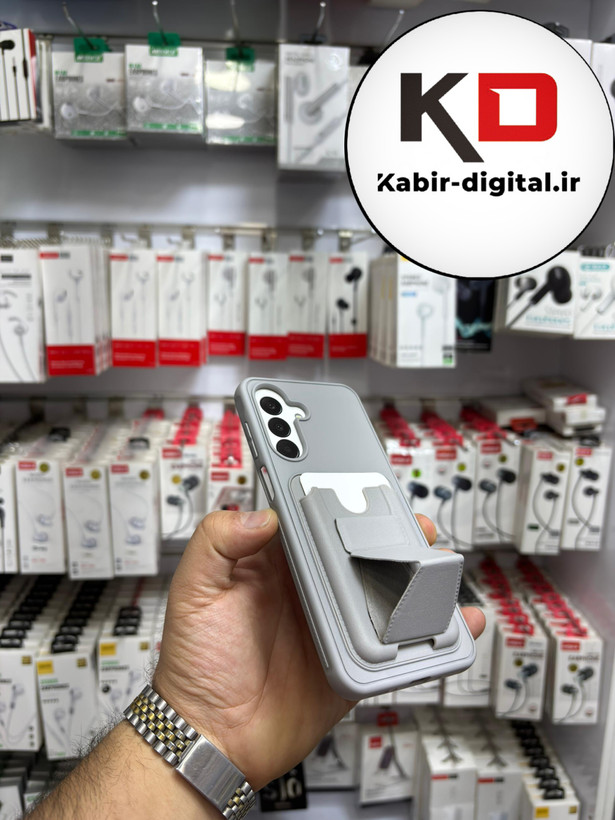 قاب گوشی Galaxy S24 FE سامسونگ چرمی جاکارتی استندشو اورجینال طوسی