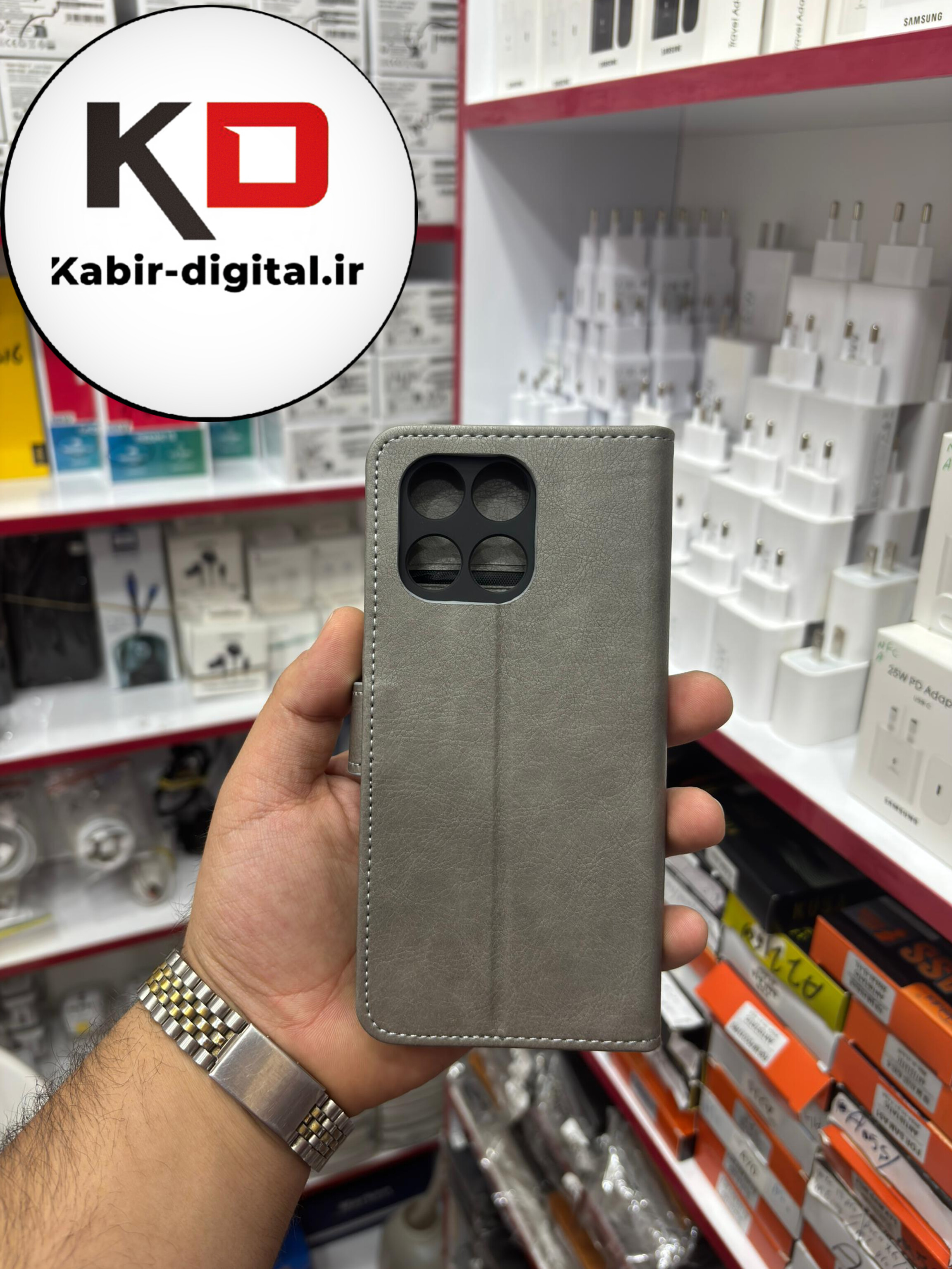 کیف گوشی Honor X5b آنر مگنتی طرح چرم کتابی جاکارتی دار محافظ لنزدار طوسی