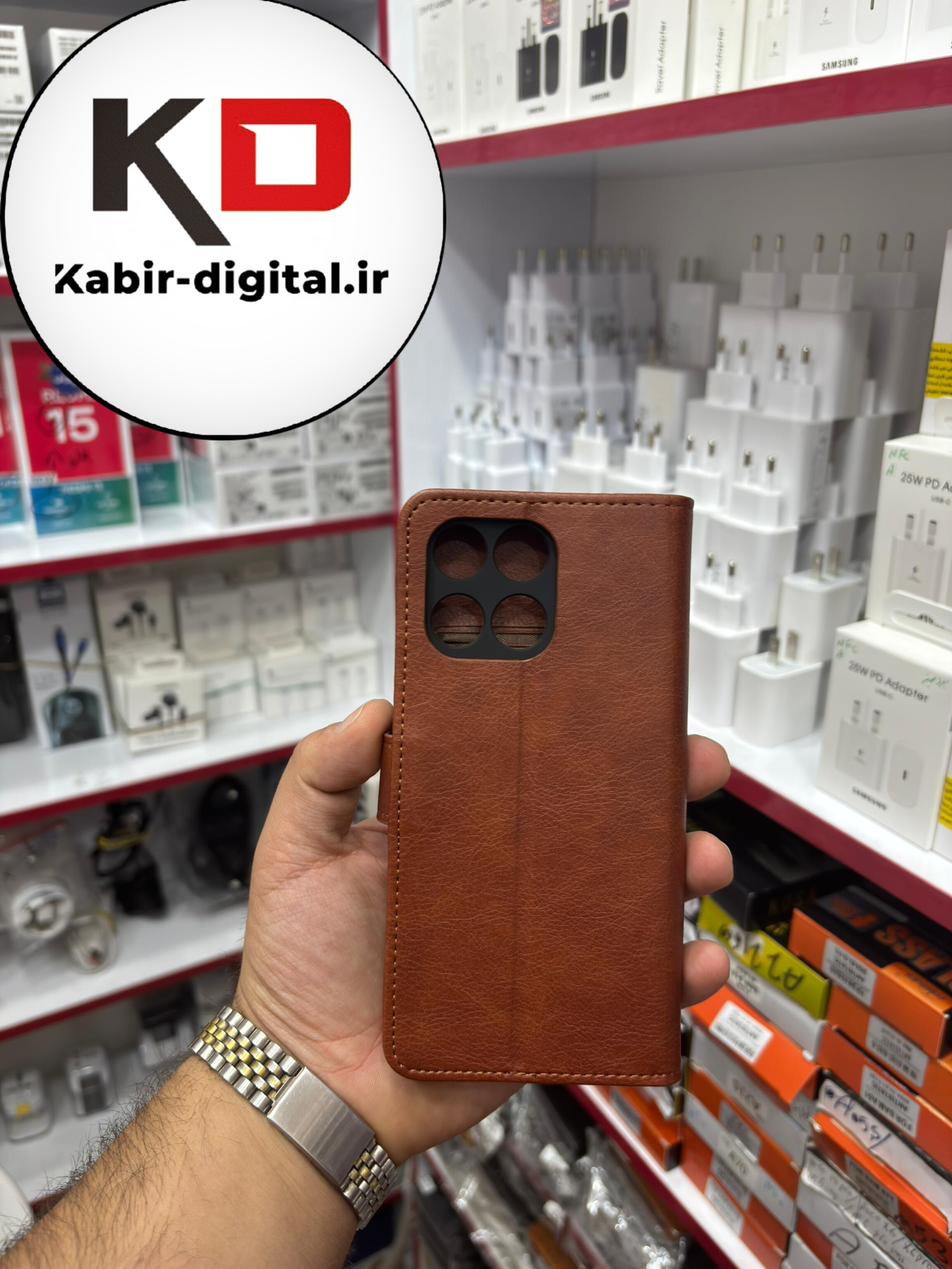 کیف گوشی Honor X5b آنر مگنتی طرح چرم کتابی جاکارتی دار محافظ لنزدار قهوه‌ای ای