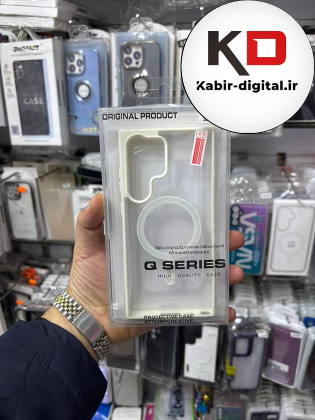 قاب گوشی Galaxy S23 Ultra سامسونگ لنز استند شو فلزی دور ایربگ دار مگ سیف Magsafe اورجینال شفاف کرمی