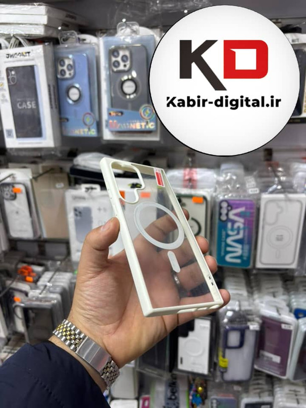 قاب گوشی Galaxy S23 Ultra سامسونگ لنز استند شو فلزی دور ایربگ دار مگ سیف Magsafe اورجینال شفاف کرمی