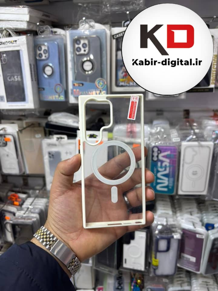 قاب گوشی Galaxy S23 Ultra سامسونگ لنز استند شو فلزی دور ایربگ دار مگ سیف Magsafe اورجینال شفاف کرمی