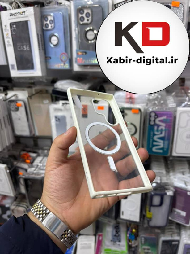 قاب گوشی Galaxy S23 Ultra سامسونگ لنز استند شو فلزی دور ایربگ دار مگ سیف Magsafe اورجینال شفاف کرمی